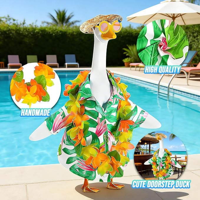 AZYM Hawaiian Porch Goose Outfits,Yard Goose Clothes Hawaiian Wreath with Straw Hat Glasses,4 Pcs/Set Summer Lawn Goose Costume,for 23" Statue Patio Garden Decoration