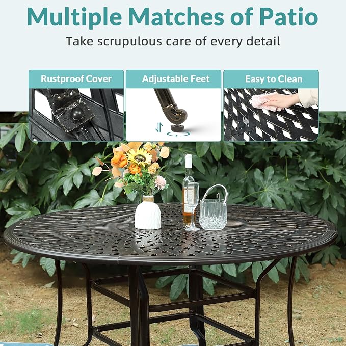 MEETWARM Patio High Bar Dining Table for 8 Person, All Weather Cast Aluminum 61" Large Round High Top Dining Table with 2" Umbrella Hole, Patio Bar Height Table for Garden Deck Backyard, Dark Bronze
