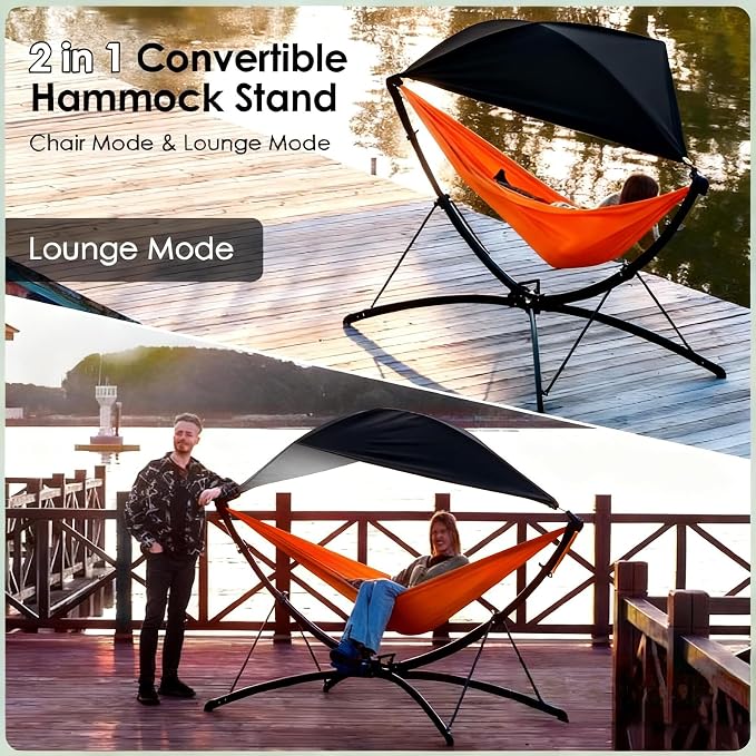 Portable Outdoor/Garden Hammock with Folding StandStand, Adjustable Sunshade Canopy and Storage Bag, Adult/Child Hammock Chair for Camping, Home Gardens, Hotels, Beaches,Forest (Black+Orange)