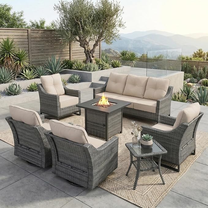 7 Piece Patio Furniture Set With Fire Pit , 360° Swivel Patio Chairs Set of 2,Cozy 60,000 BTU Square Fire Pit Table,2 Wicker Chairs,Sofa,Outdoor Side Table,All-Weather Wicker Patio Sets For Outdoor