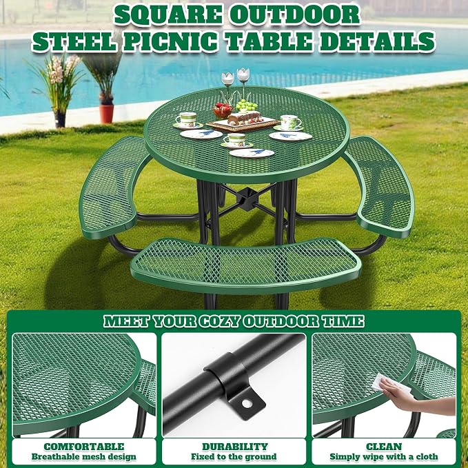 46IN Round Outdoor Picnic Table with Attached Seats, Heavy-Duty Metal Expanded Mesh Patio Table, 1600LBS Load Capacity Commercial-Grade Table for Park, Backyard, Deck, Green