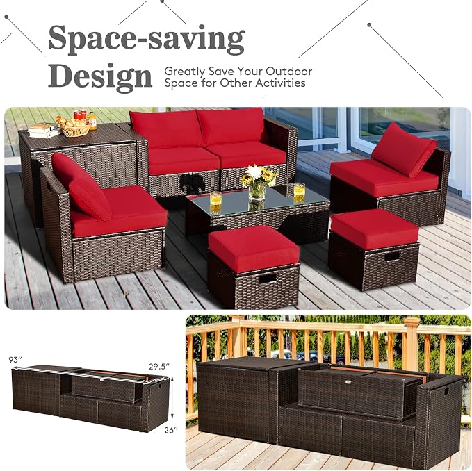 RELAX4LIFE 8-Piece Patio Furniture Set - PE Wicker Conversation Set w/Cushions, Pillows, Tempered Glass Table, Storage Box, Outdoor Sectional Sofa Set for Yard, Deck (Red)