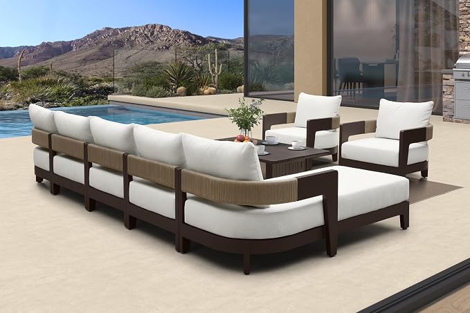 PURPLE LEAF Patio Furniture Set with Table and Daybeds 8 Pieces Modern Aluminum Sectional Sofa Chairs 7.87" Thick Removable Cushions & Pillows Outdoor Conversation Sets for Porch Yard Garden