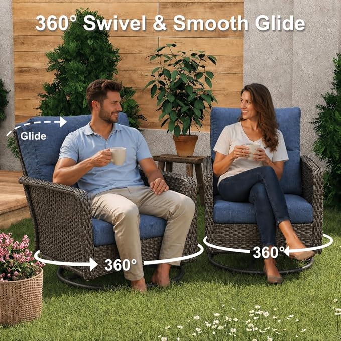 XIAO WEI 8-Piece Outdoor Furniture Set with Fire Pit Table, Wicker Patio Conversation Set with Cushions & Swivel Glide Chairs, All-Weather Patio Furniture Set for Backyard, Garden, Deck (Blue)