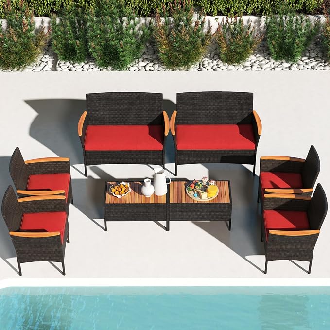 Tangkula 8 Pieces Patio Wicker Sofa Set, 2 Rattan Chairs & Loveseat w/Coffee Table, Acacia Wood Armrests & Tabletop, Outdoor Cushioned Conversation Set for Backyard, Poolside (Red, 8 Pieces)