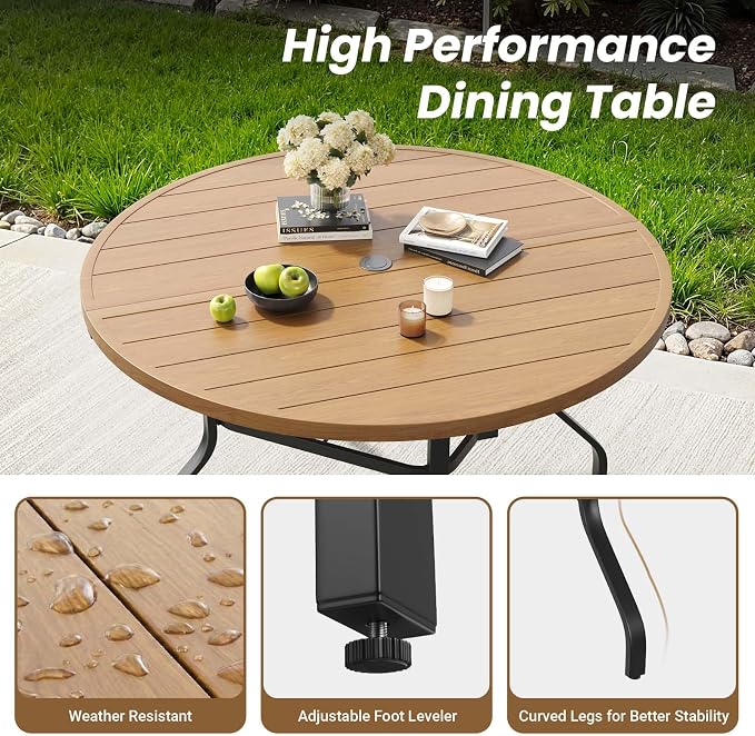 HRVEOCEI 47" Outdoor Round Table with Umbrella Hole, Metal Patio Dining Tables for Lawn Garden, Wood-Like Grain Bistro Table Outdoor for Backyard,Poolside,Deck,Por (Black+Natural, Round)
