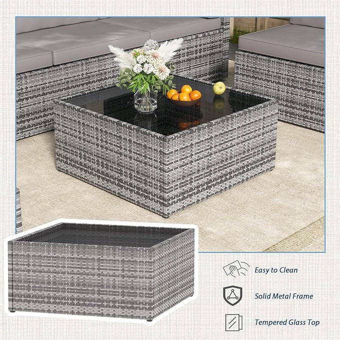 AECOJOY 7 Piece Outdoor Patio Furniture Set, Outdoor Sectional Conversation Furniture Chair with Coffee Table,Patio Sectional for Garden,Backyard(Grey Cushions and Grey PE Rattan, with Cover)