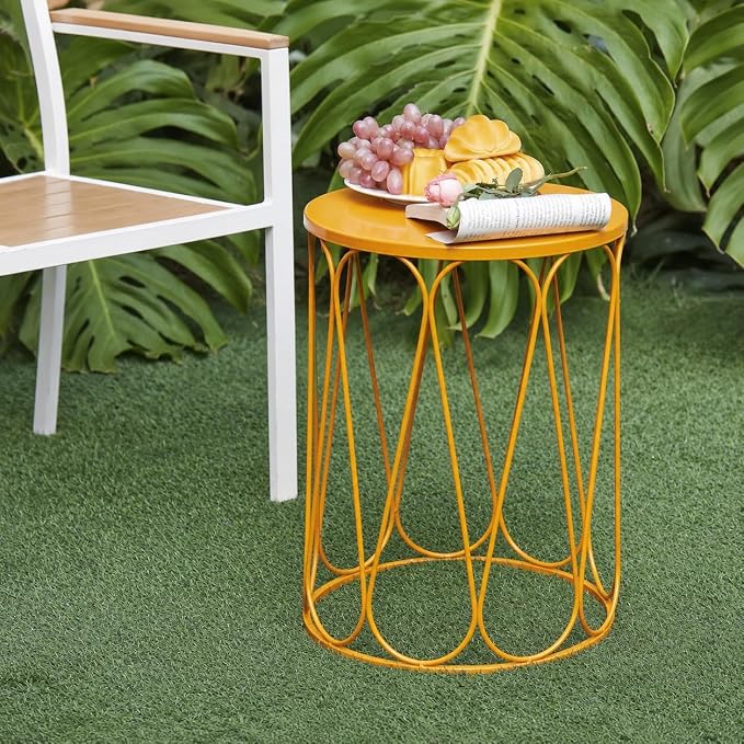 HFHOME Set of 3 Metal Outdoor Side Table, Nesting Round Coffee Table for Indoor Outdoor, Heavy Duty End Tables Plant Stand Living Room Garden Stool - Orange