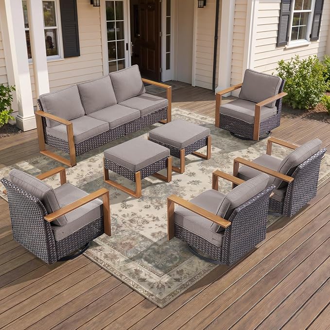 7-Piece Outdoor Patio Furniture Set with 4 Swivel Chairs, All-Weather Wicker Sofa Set for Garden, Yard, Porch and Poolside Seating Grey