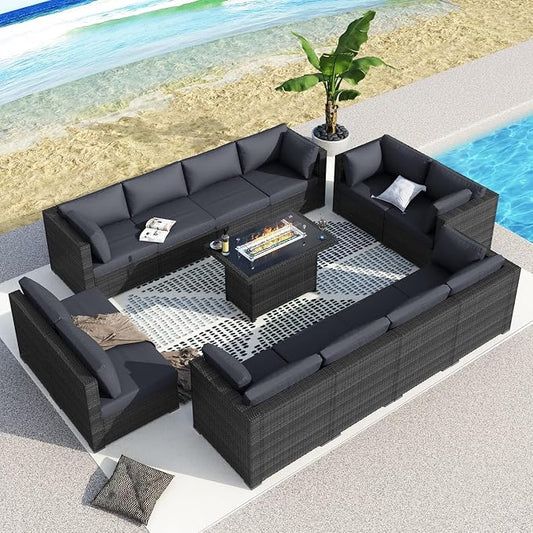 BULEXYARD 13 Piece High Back Patio Furniture Sets with Firepit, Luxury Outdoor Seating Sectional Couch 12-Person Modular, Comfortable Extra Large Wide Deep Backyard Conversation Sofa Set, Dark Grey
