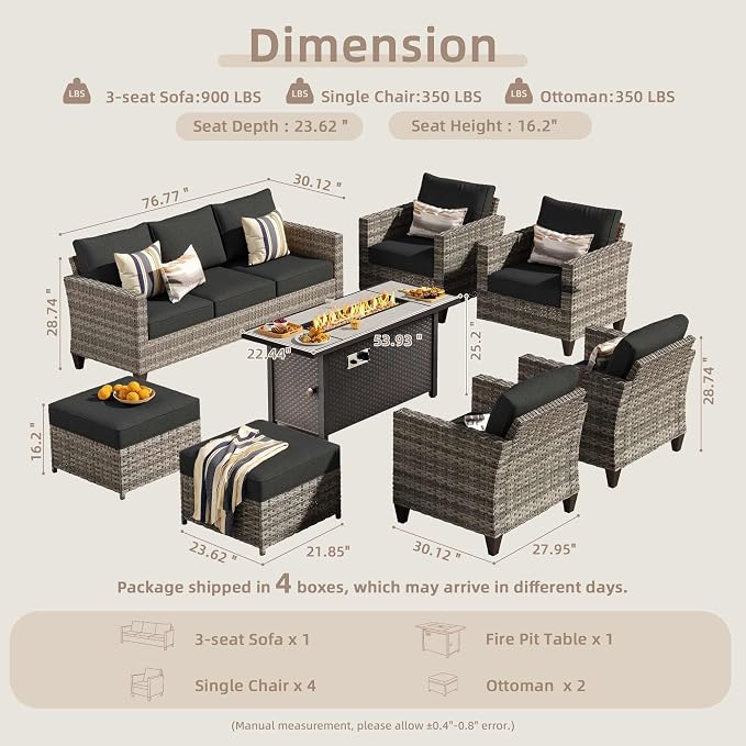 CAODOC 8-Piece Outdoor Wicker Patio Set with 9 Seats, Including 53" Fire Pit - Sectional Sofa and Conversation Set for Backyard or Lawn, Gray Rattan with Waterproof Black Cushions