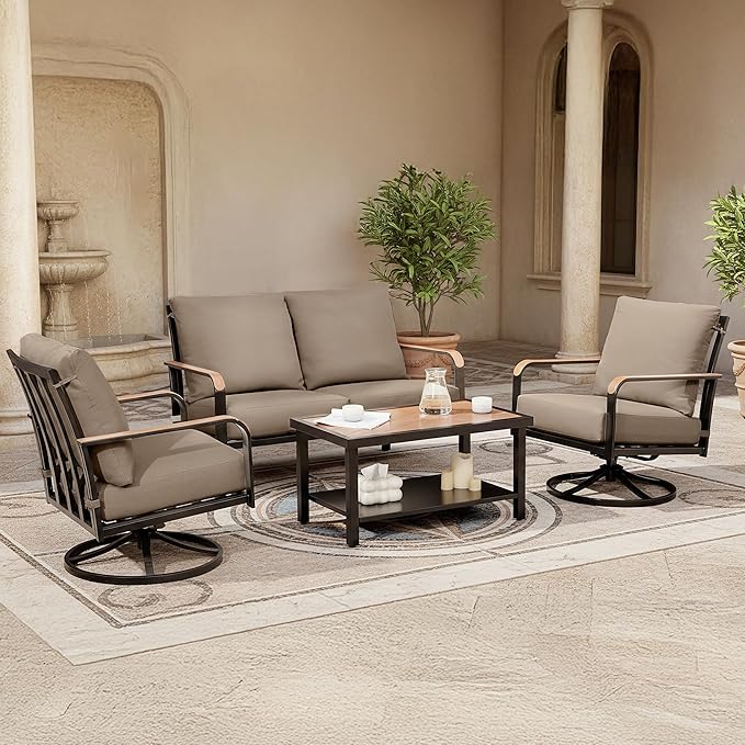 NATURAL EXPRESSIONS Patio Furniture Sets,4 Pieces Metal Outdoor Conversation Sofa Set with High Back Swivel Rocking Chairs with Anti-Scald Armrest,Double-Deck Wooden-Grain Table,6" Cushions for Yard