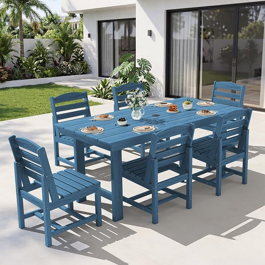 KINGYES 7-Piece Patio Dining Set, HDPE Table and Armless Chairs Outdoor Furniture Set with Umbrella Hole, Blue