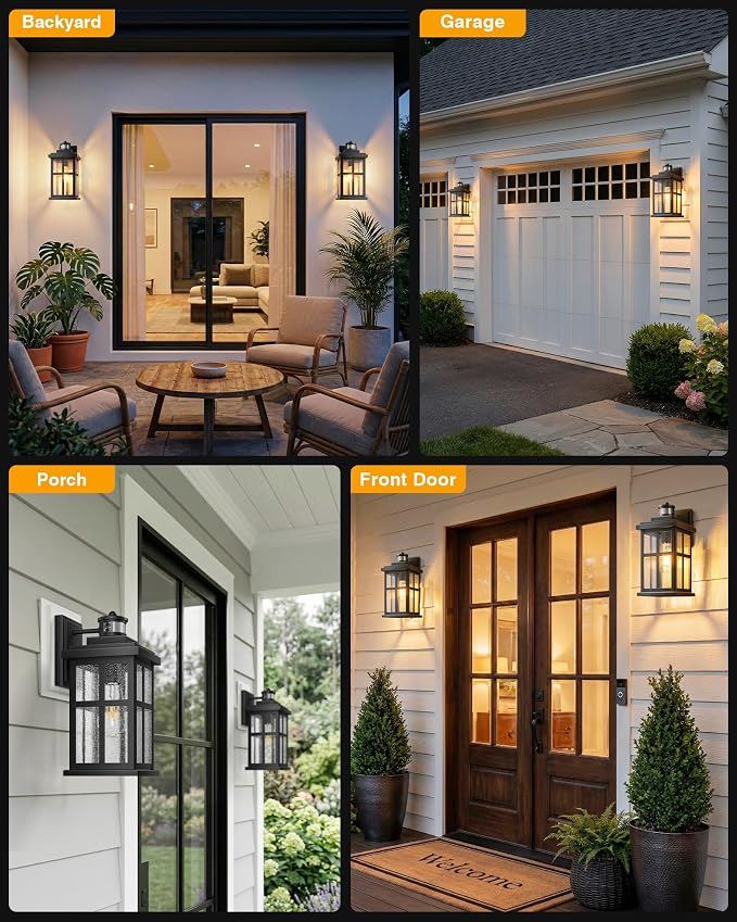 VIANIS Large Motion Sensor Porch Lights Outdoor, Moden Black Dusk to Dawn Exterior Lighting Fixtures Wall Mount for House, Anti-Rust Waterproof Outdoor Sconce Lights for Garage, Coach, Front Door