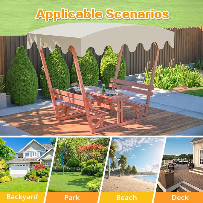 KEIKI Outdoor Waterproof Solid Wood Picnic Table and Bench Set with Removable Canopy, Outdoor Picnic Table Set for Patios, Gardens, Decks, Parks, Beaches