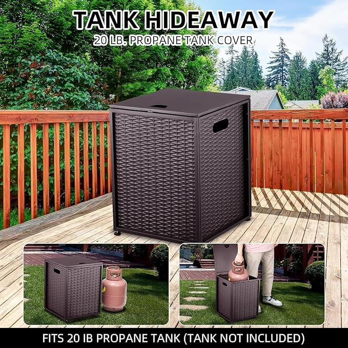 20 LB Propane Tank Cover Table with Side Handles，Sturdy 16 Inch Propane Tank Holder with Adjustable Foot Pads，Outdoor Gas Tank Cover for Patio, Deck & Backyard（Brown）