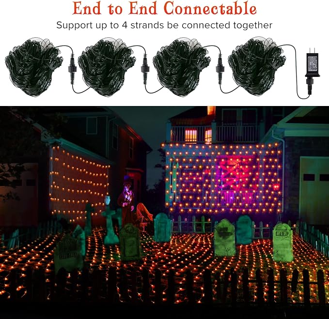 BlcTec Halloween Lights 200 LED 8.4ft x 5.2ft Orange Net Lights with 8 Modes, UL Certified, Timer, Connectable, Waterproof, Dark Green Wire for Trees, Bushes, Shrub, Lawn Halloween Decorations Outdoor