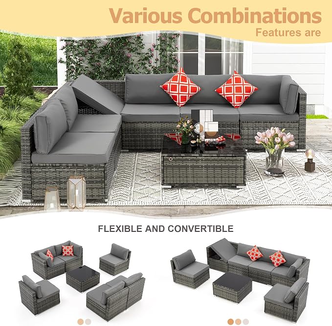 7 Piece Patio Furniture Set with Adjustable Bracket Grey Wicker Rattan Patio Conversation Sets Sectional Sofa Set with Table and Cushions for Porch Lawn Garden, Grey