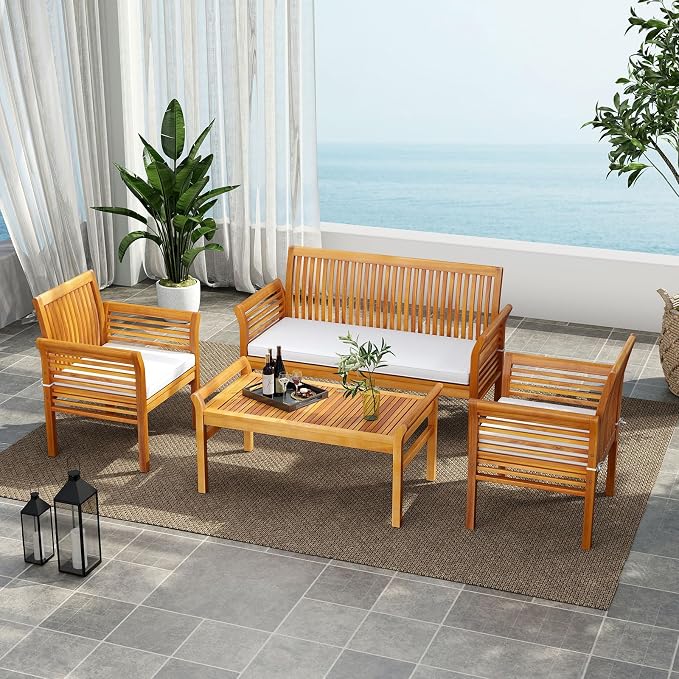 HAPPYGRILL 4 Pieces Acacia Wood Patio Conversation Set, Outdoor Wood Furniture Set with Seat Cushions, Wicker Sofa Chairs & Coffee Table for Garden Poolside Deck (1)
