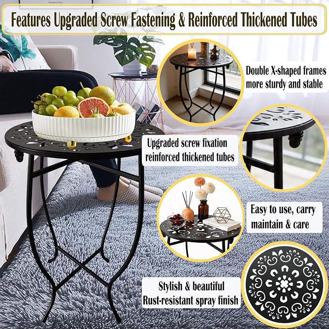Small Patio Table, 17Inch Height Metal Patio Side Table with Flower Cut Design, 14'' Round Small Outdoor Side Tables for Patio Yard Porch Balcony Garden Bedside Plant Stand Indoor Outdoor 1Pack
