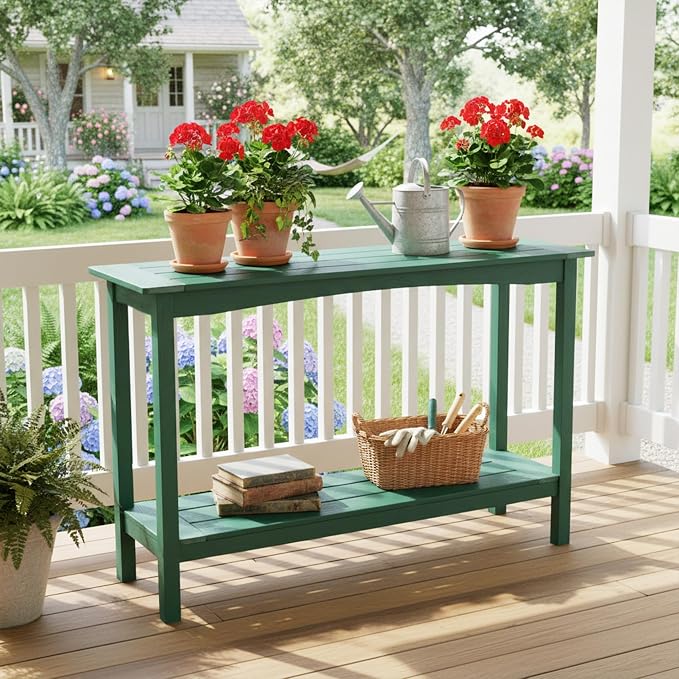 Outdoor Console Table, All-Weather 2-Tier Patio Console Table, Outside Plant Stand Table, Low Maintenance, Never Rot or Fade, HIPS Table for Indoor, Backyard, Garden, Entryway, Green