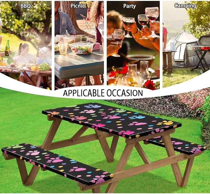 Dog Paw Picnic Table Cover with Bench Covers Waterproof and Breathable Table Covers for 8 Foot Tables 3 Pcs Picnic Table Bench Covers Camping Essentials for Camper, 94x30 Inches