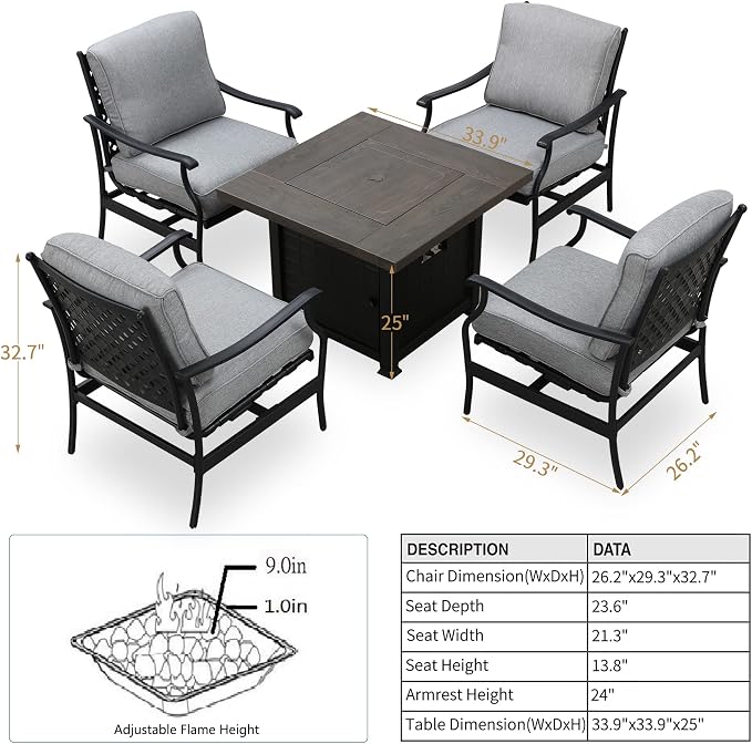 Patio Conversation Set Outdoor Furniture CSA Certification 50,000 BTU 33.9 Inch Propane Fire Pit Table Sets with Rocking Chairs Thick Cushions(5 Pcs,Grey)