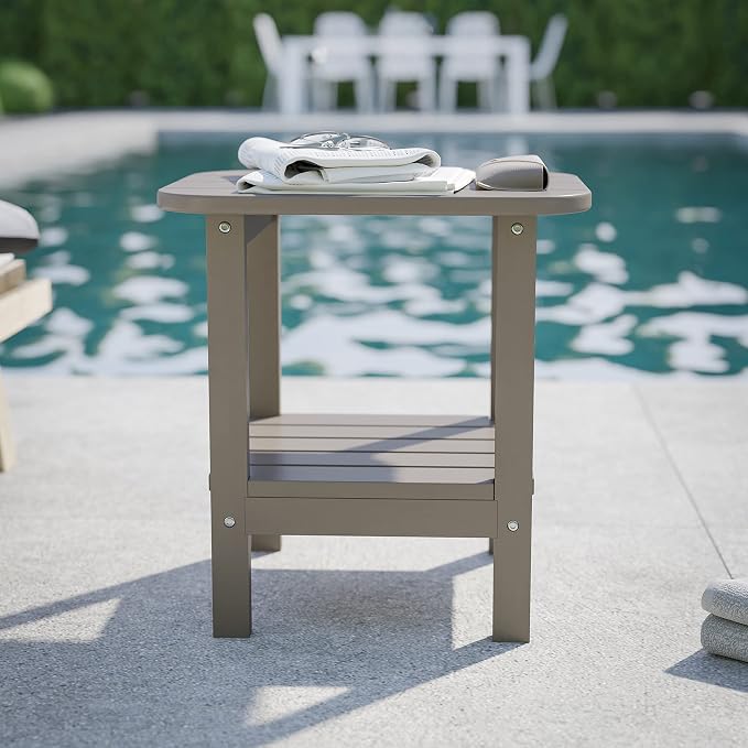 Flash Furniture Newport 2-Tier Adirondack Side Table - Recycled HDPE All-Weather Materials - Indoor/Outdoor - Brown