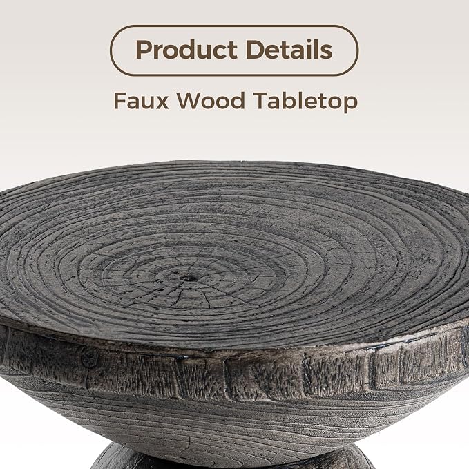 COSIEST Outdoor Side Table Colored Faux Wood, Stump End Stool w Tree Rings, Round Side Wood Tree End Table for Plant Stand, Deck or Garden, Grey