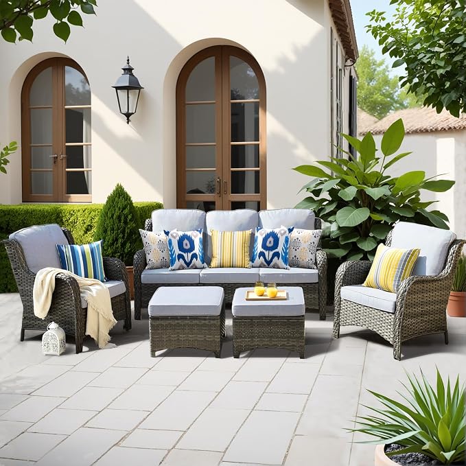 ovios 5-Pieces Patio Furniture Set, Outdoor Wicker Sofa Couch with Chairs Ottomans Comfy Cushions, High Back Modern All Weather Conversation Set, Grey Rattan, Grey