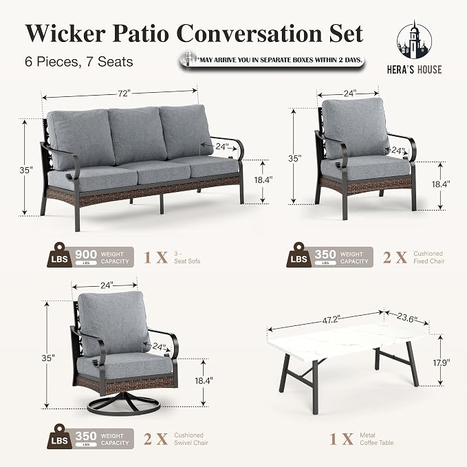 HERA'S HOUSE 6 Pieces Metal Patio Furniture Set, All Weather Outdoor Conversation Set with 3-Seat Sofa, 2 Swivel Chairs, 2 Fixed Chairs & Coffee Table, 7 Seats for Backyard, Garden, Deck, Grey