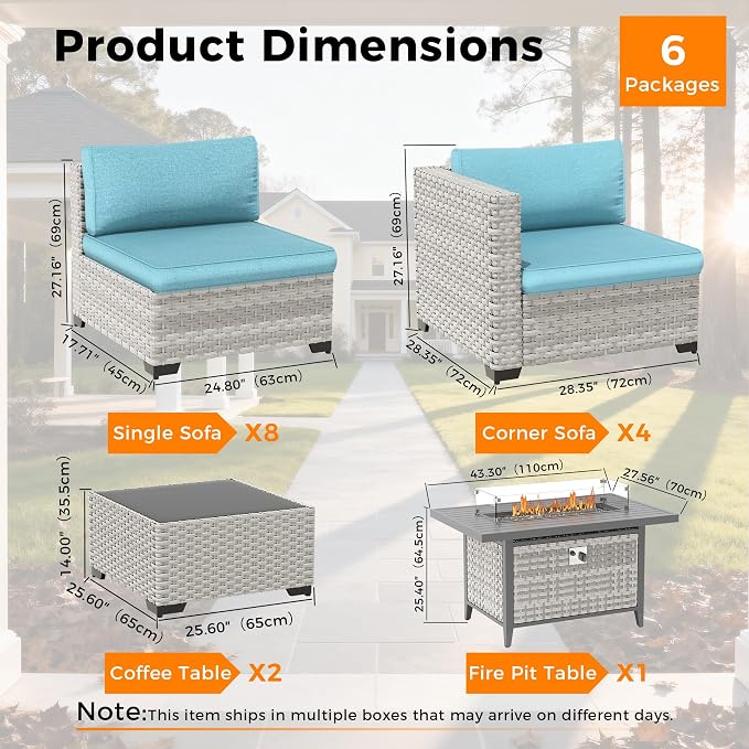 12-Seat Modern Outdoor Wicker Rattan Patio Furniture Set with 55,000 BTU Fire Pit Table, Thick 4″ Cushions, All-Weather Dual-Strand Rattan, Rust-Resistant Steel Frame,Blue