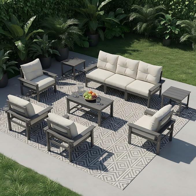HDPE 7 Piece Patio Furniture Set, All-Weather Outdoor Couch Set with Thick Cushions & Coffee Table & Side Table, Patio Conversation Sets for Lawn, Garden, Porch, Balcony, Deck, Grey & Beige