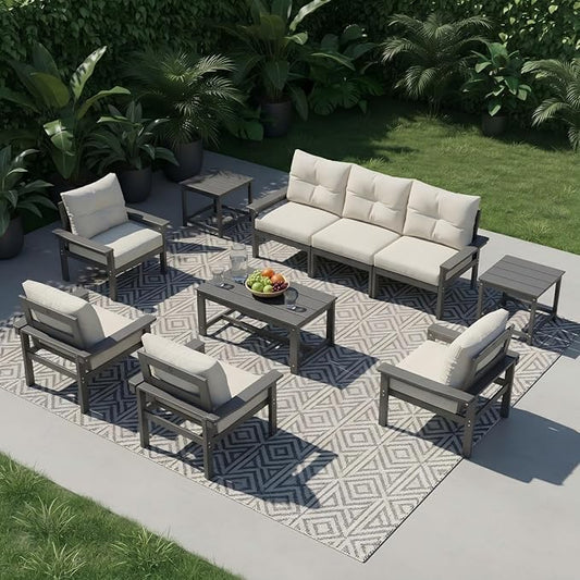 HDPE 7 Piece Patio Furniture Set, All-Weather Outdoor Couch Set with Thick Cushions & Coffee Table & Side Table, Patio Conversation Sets for Lawn, Garden, Porch, Balcony, Deck, Grey & Beige