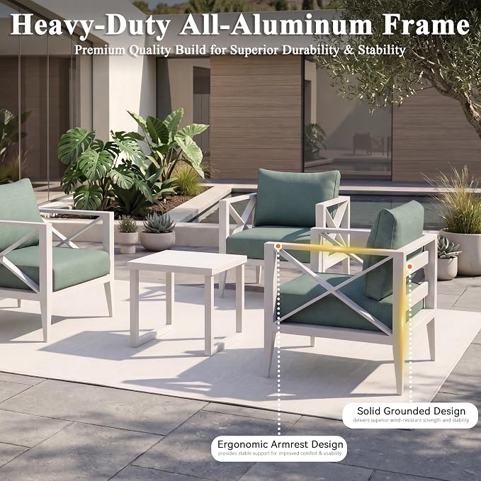 3 Piece Aluminum Rocking Patio Furniture Set, Modern Outdoor Patio Conversation Sets with Ergonomic Swivel Chairs, 6" Thick Washable Cushions and Coffee Table for Balcony, Porch, Backyard,White
