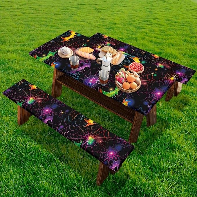 Halloween Picnic Table Cover with Bench Covers Lightweight Camping Essentials, Oil-Proof Waterproof 3PCS Tablecloth with Elastic, Fitted for Table 6FT Rectangle and Seats