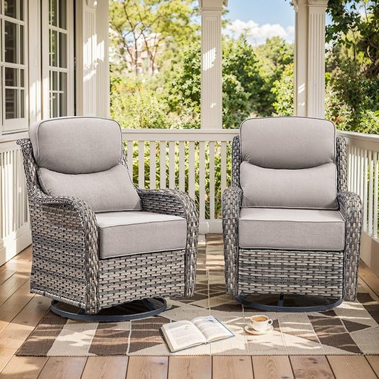 HUMMUH Outdoor Patio Wicker Swivel Rocker Chairs Set of 2 with 6-Inch Thick Cushion High Back Wicker Conversation Set for Porch Balcony Deck