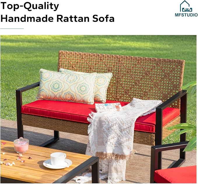 MFSTUDIO 4 Piece Wicker Patio Furniture Set, Small Patio Set with Loveseat & Chaise & Acacia Wood Table, Outdoor Rattan Sectional Furniture, Brown Sofa Couch Set for 4, Red