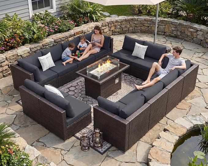 NICESOUL 13 Piece Patio Furniture w/Fireplace, Elegant Outdoor Seating w/Firepit, XL 29.3'' High Back Sectional Sofa, All-Weather Rattan Deck Couch, Modular Sturdy Conversation Set, Brown & Gray