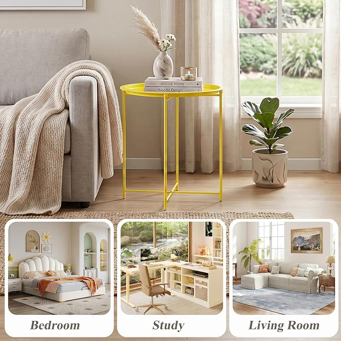 VECELO Side/End Table, Folding Round Metal Anti-Rust and Waterproof Outdoor or Indoor Tray for Living Room Bedroom Balcony and Office, 1 PCS,Yellow