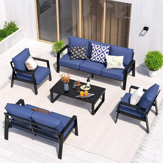 Aluminum Outdoor Patio Furniture Set, 5 Piece Sectional Coversation Sets with Coffee Table, Modern Outdoor Sofa Couch with Thick Cushions for Porch, Balcony, Garden, Blue