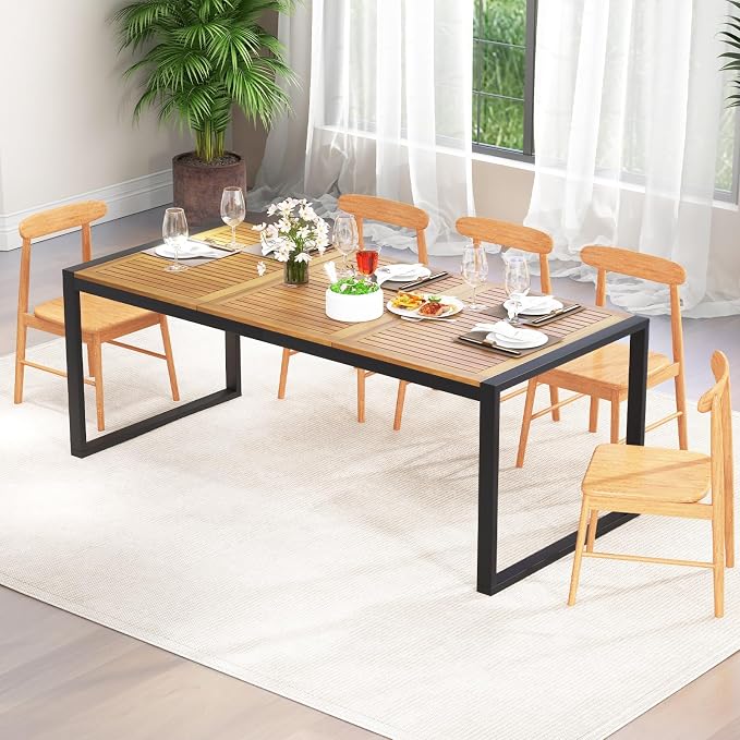 HAPPYGRILL 8-Person Outdoor Acacia Wood Dining Table, 79" x 35.5" Rectangular Patio Dining Table with 2" Umbrella Hole and Sturdy Metal Frame, Outdoor Patio Table for Garden, Deck and Backyard