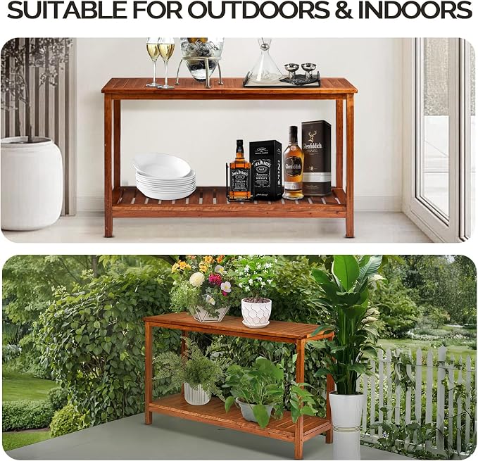 VINGLI 49in Solid Wood Outdoor Console Table, 2-Shelf Wooden Outdoor Accent Plant Table Multifunctional Buffet Bar Storage Organizer for Indoor Patio Porch and Entryway (Natural)