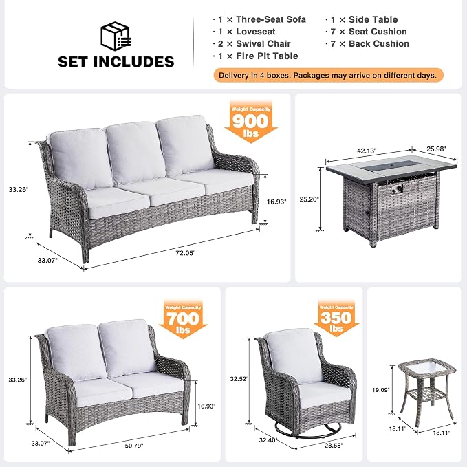 ovios 6 Pieces Patio Furniture Set with 42 inch Fire Pit Table, Outdoor Wicker Sofa Couch Loveseat, Swivel Rocking Glider Chairs, Modern Conversation Set, Grey Rattan, Grey
