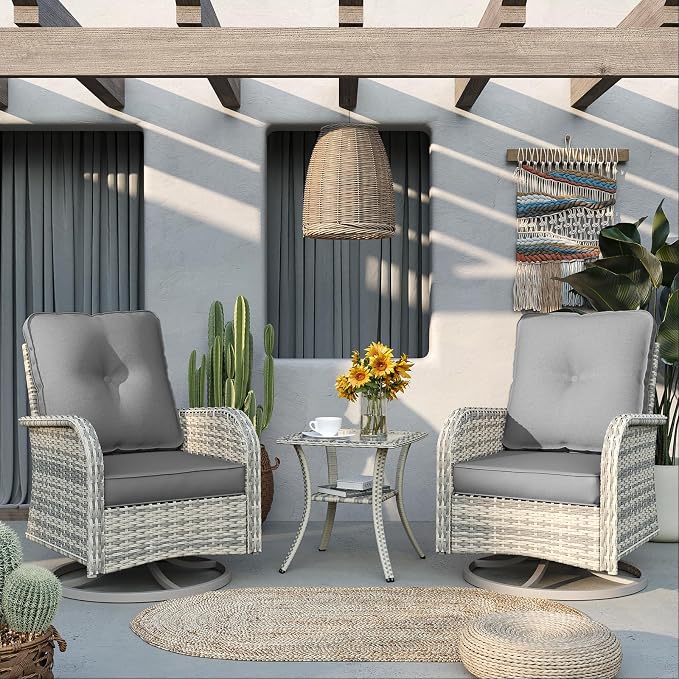 6-Piece Patio Rocking Swivel Chair Outdoor Wicker Rattan Bistro Set High Backrest, Patio Conversation Set Outdoor Patio Furniture Set for Garden, Deck, and Balcony, Grey