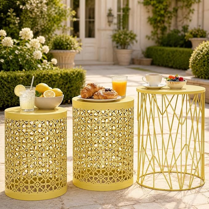 Y&M Set of 3 Stacking Coffee Table for Living Room, Nesting Side Table,Indoor End Tables for Bedroom, Outdoor Decorative Garden Stool with Heavy Duty Metal Frame Modern Industrial Decor - Yellow