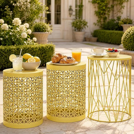Y&M Set of 3 Stacking Coffee Table for Living Room, Nesting Side Table,Indoor End Tables for Bedroom, Outdoor Decorative Garden Stool with Heavy Duty Metal Frame Modern Industrial Decor - Yellow