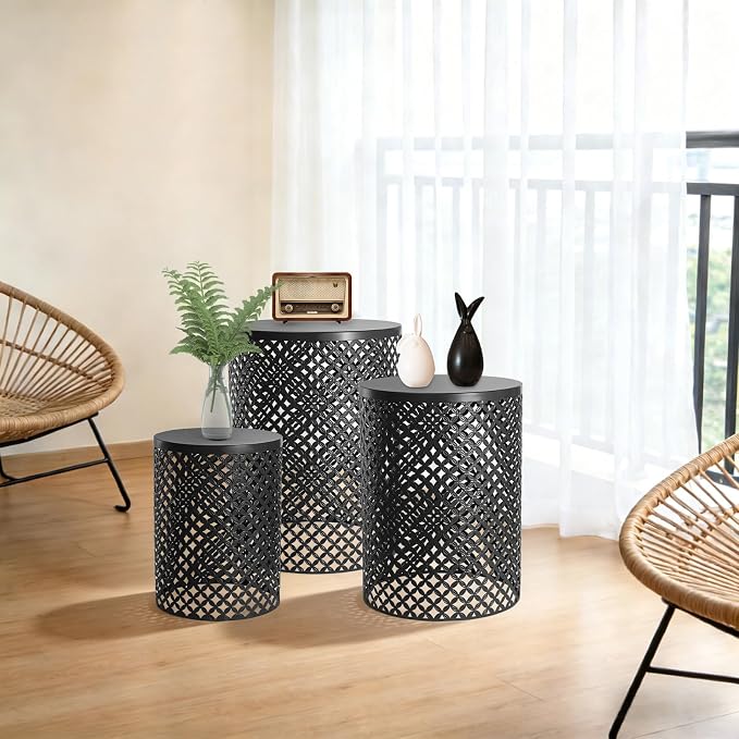 3 Piece Outdoor Coffee Table Side Table Set, Black Metal Round End Tables for Patio, Small Stackable Nesting Tables, Heavy Duty Decorative Accent Table Garden Stools for Balcony, Indoor Living Room
