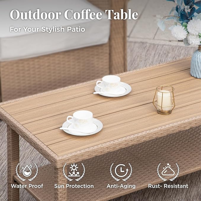MIXPATIO Patio Furniture Set 6 pcs, Wicker Outdoor Patio Furniture, 3-Seat Sofa, 4 Single Sofas and Coffee Table, Rattan Outdoor Conversation Set for Backyard Deck, Beige