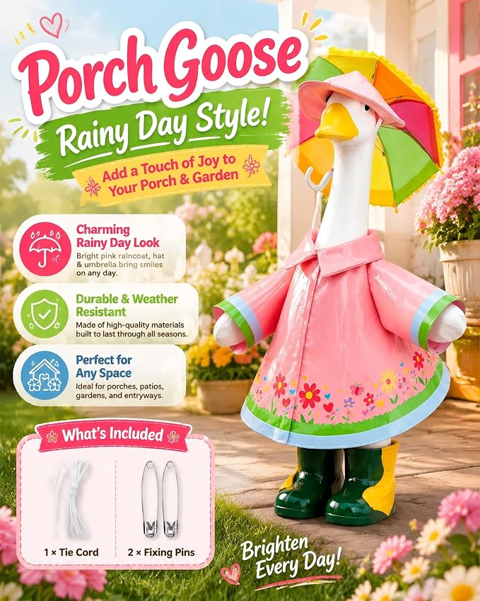 23 Inch Porch Goose Outfit, Raincoat Outfit with Umbrella Hat for Porch Goose Statue, Spring Summer Yard Decor,Yard Goose Outfit